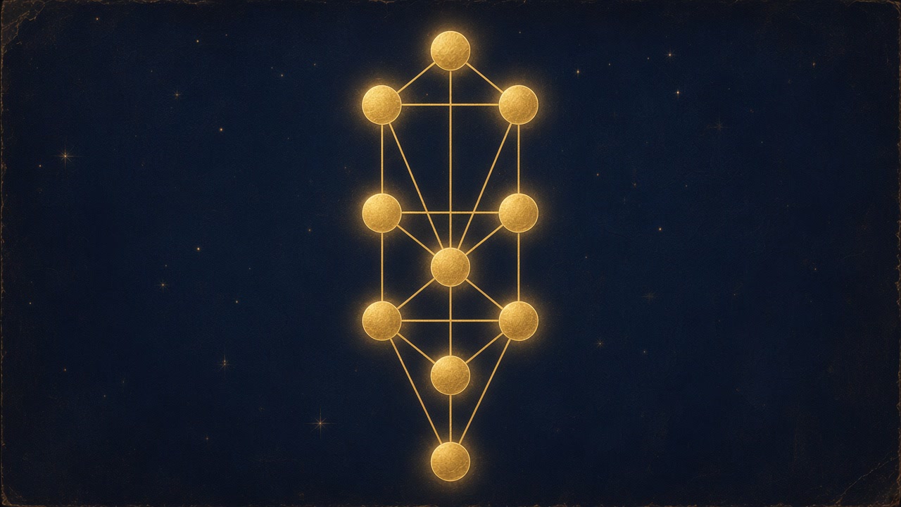A Árvore da Vida da Cabala desenhada em dourado sobre um fundo azul-escuro estrelado, com as dez sefirot como esferas luminosas ligadas por finas linhas de luz.