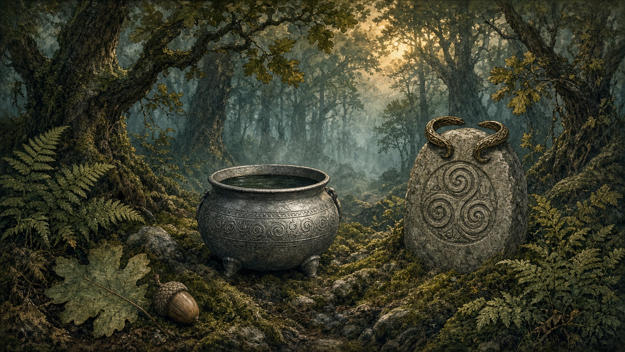 Silver cauldron and a stone with a triple spiral and torc in an oak grove with moss and an oak leaf.