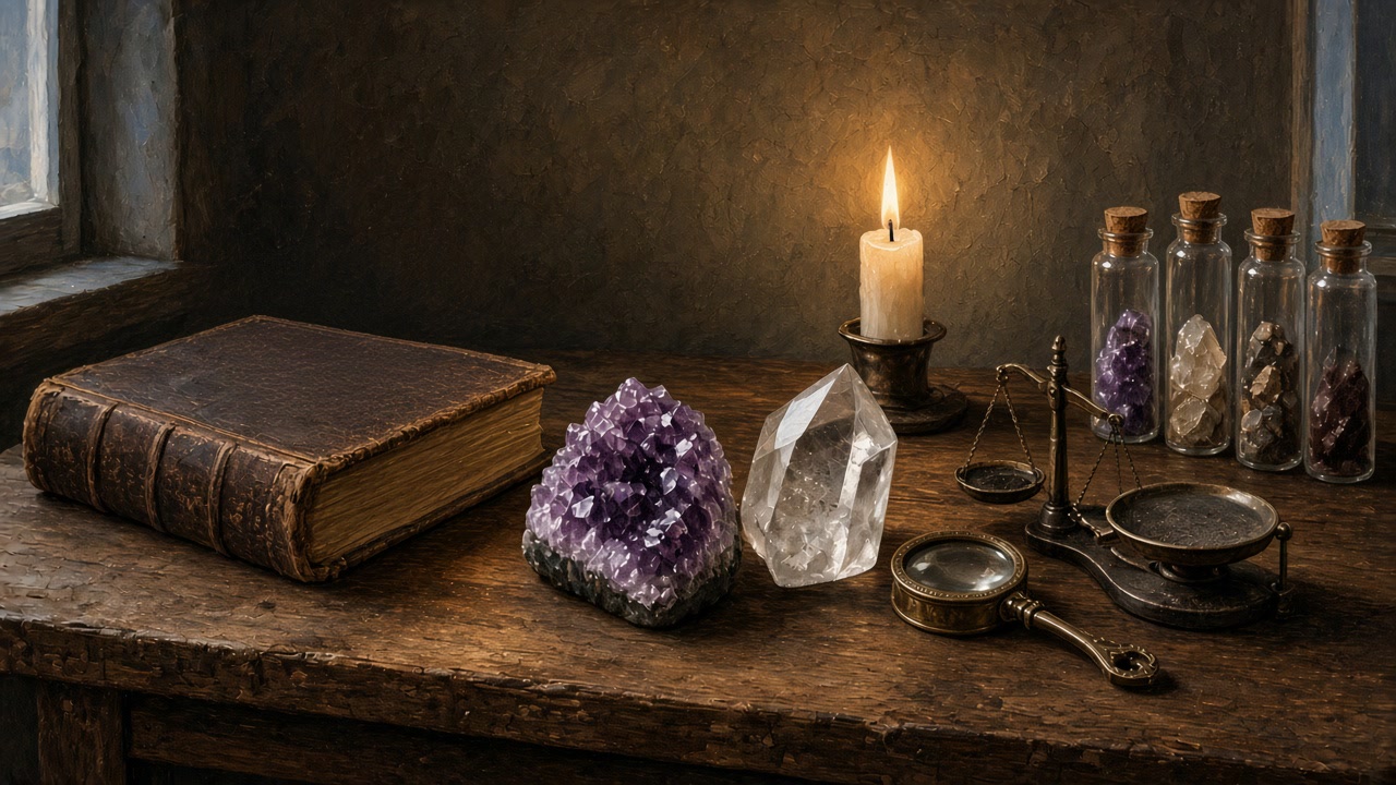 Drusa de ametista e ponta de quartzo transparente sobre uma mesa de madeira, entre um livro antigo fechado, uma vela acesa, uma lupa, uma pequena balança e frascos com amostras minerais.