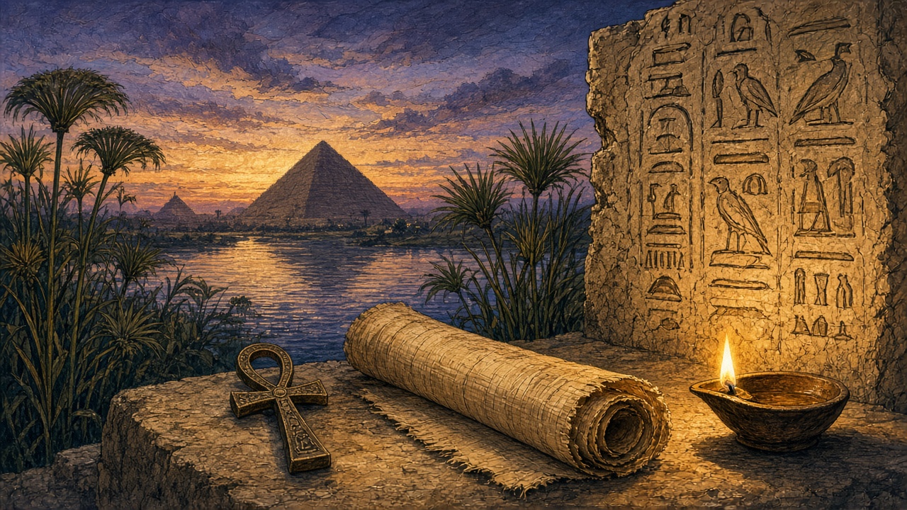 Ankh, papyrus and oil lamp beside a stone with hieroglyphs, with the Nile and a pyramid at sunset in the background.