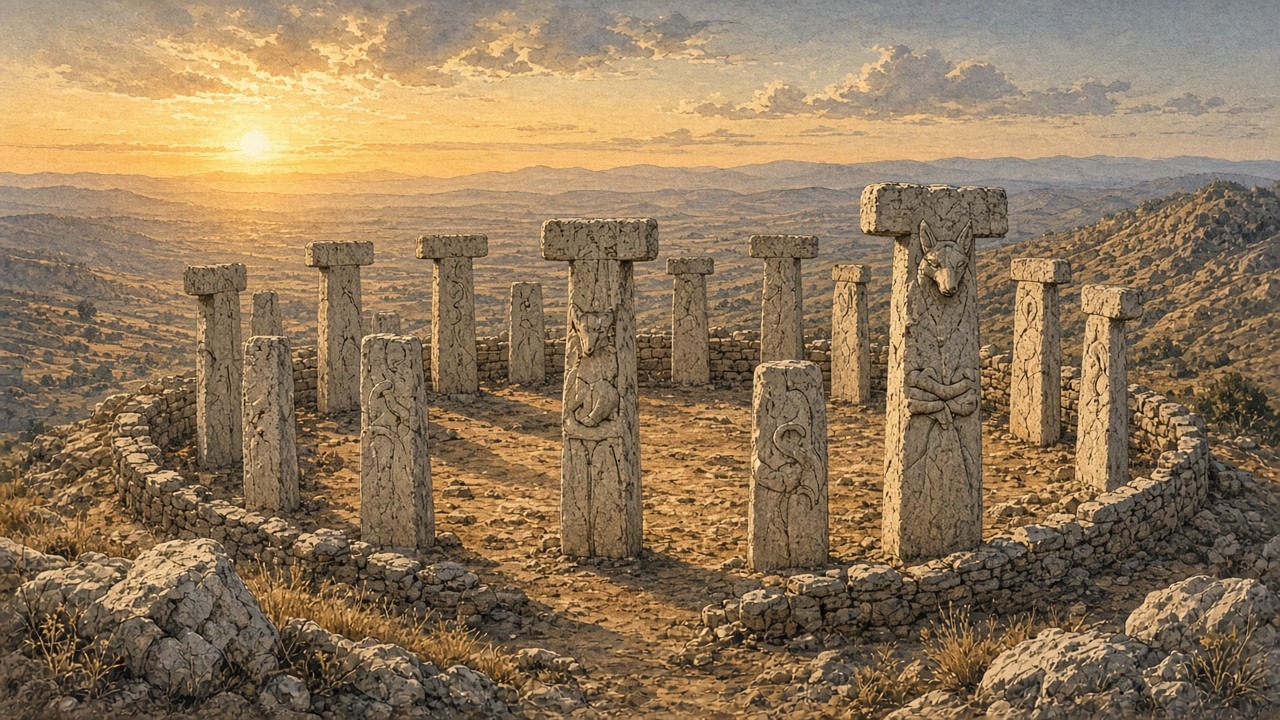 Circle of T-shaped stone pillars with animal reliefs at sunrise on an arid limestone hill.