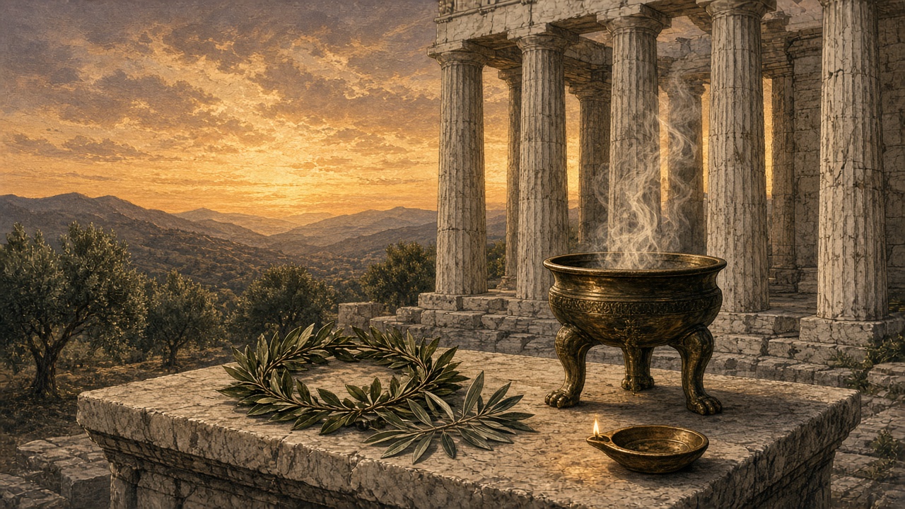 Stone altar with a laurel wreath, a bronze tripod with smoke and an oil lamp before Doric columns at dusk.