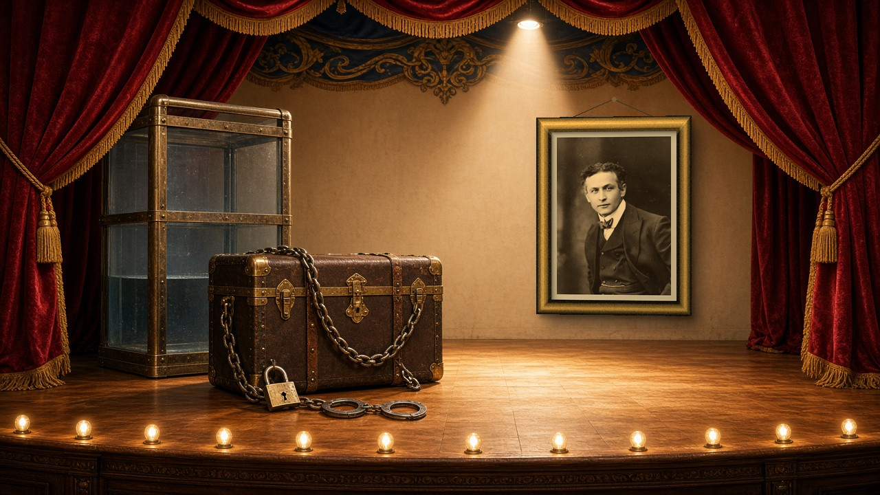 Palco de vaudeville iluminado, com cortinas de veludo vermelho e franjas douradas e uma fileira de luzes de ribalta. À esquerda há um tanque de vidro com água para fugas; no centro-esquerda, um baú de couro envolto em correntes, com cadeado e algemas no chão. Na parede do fundo, sob o foco de luz, está pendurado um retrato em sépia de Harry Houdini, de terno e gravata-borboleta, numa moldura dourada.