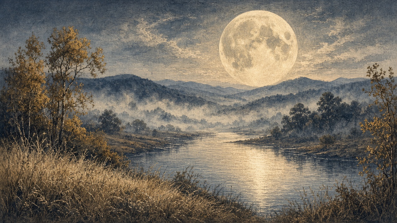 Luna llena grande sobre un río con niebla entre colinas, con hierba alta y árboles junto al agua bajo luz plateada.