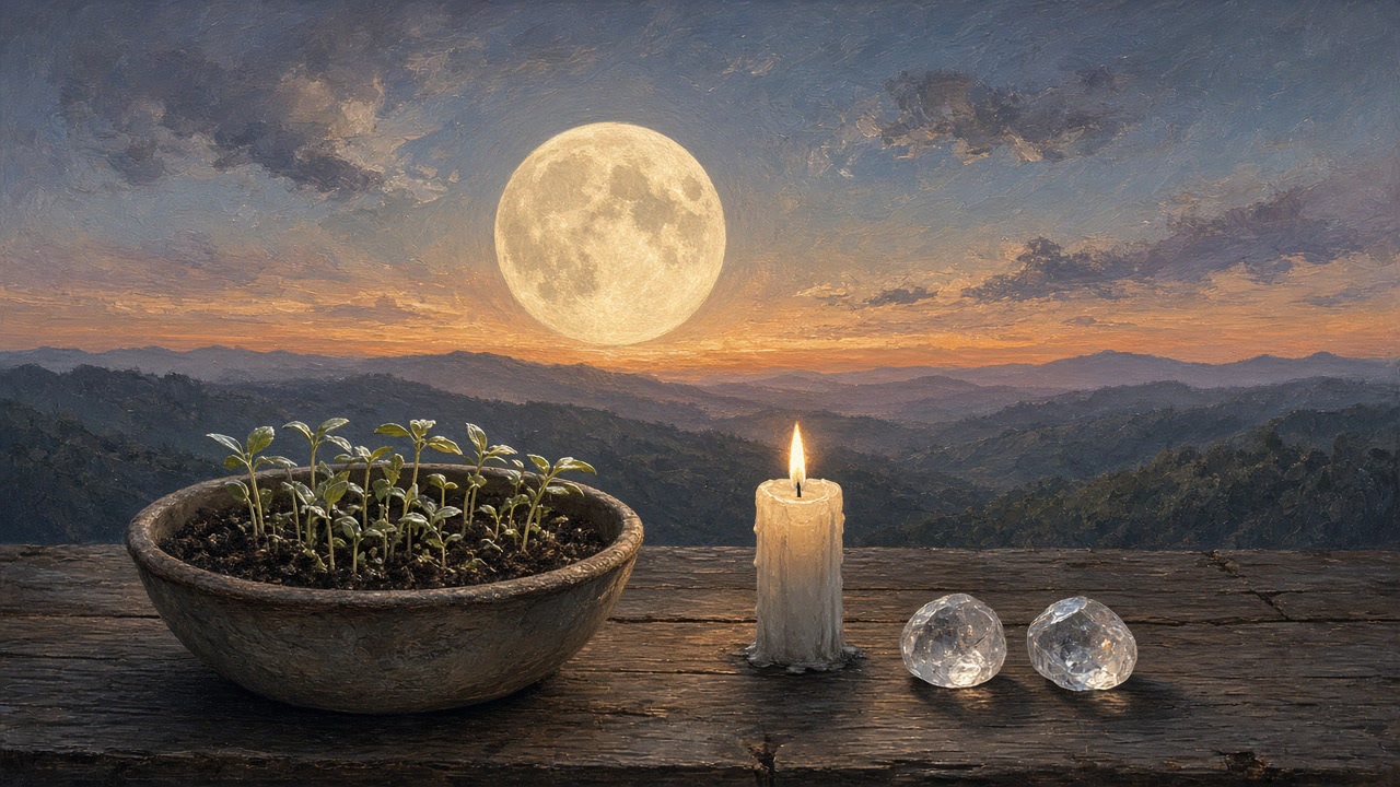 Lua cheia nascendo sobre as montanhas no fim do entardecer, vista de uma mesa de madeira com um vaso de mudas recém-brotadas, uma vela branca acesa e dois cristais de quartzo.