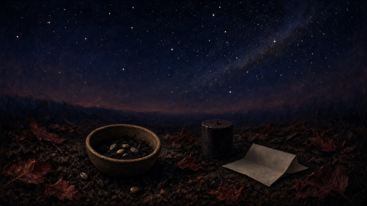 Moonless starry night sky over dark soil with dry leaves, where a clay bowl of seeds, an unlit candle and a folded paper wait.