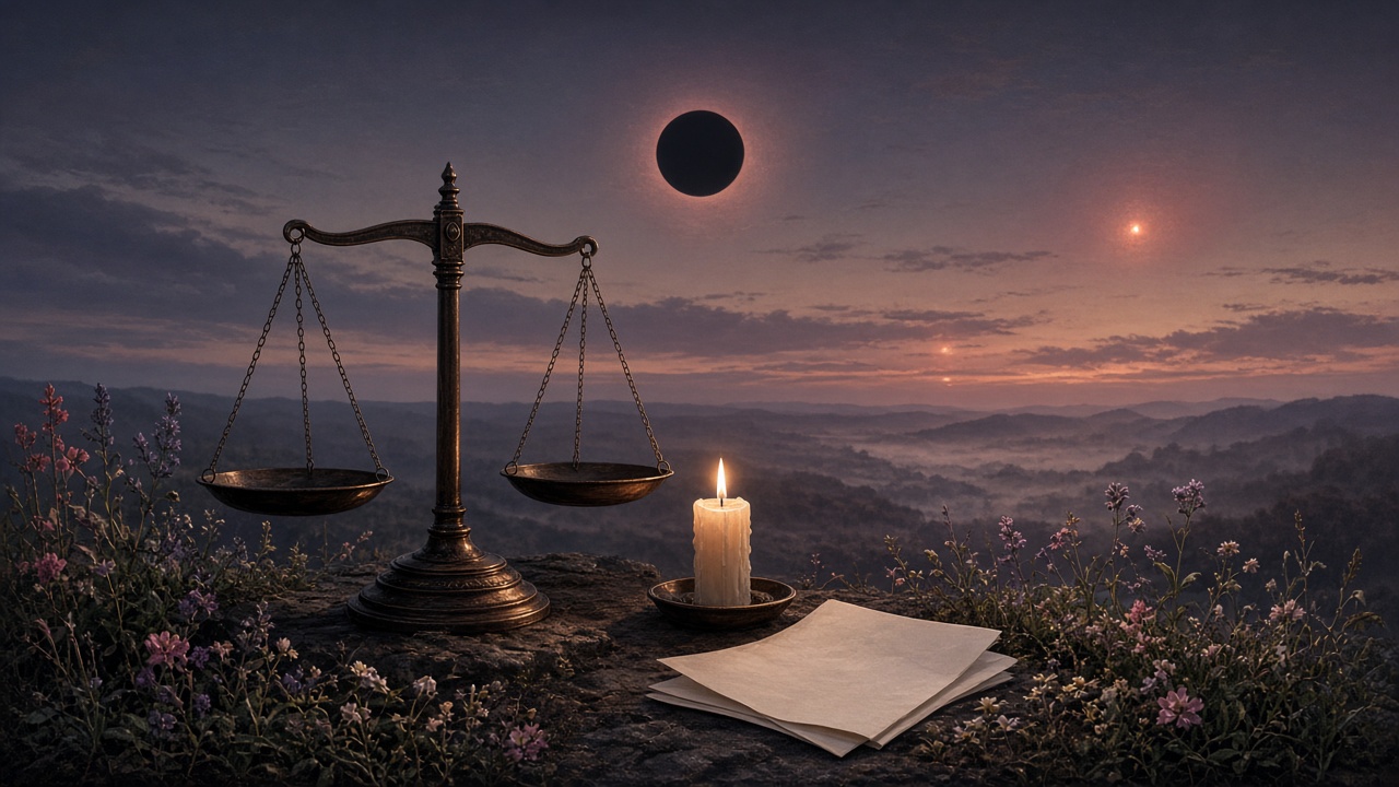 Balança de bronze equilibrada ao lado de uma vela branca acesa e papéis, sob um disco lunar escuro no crepúsculo.