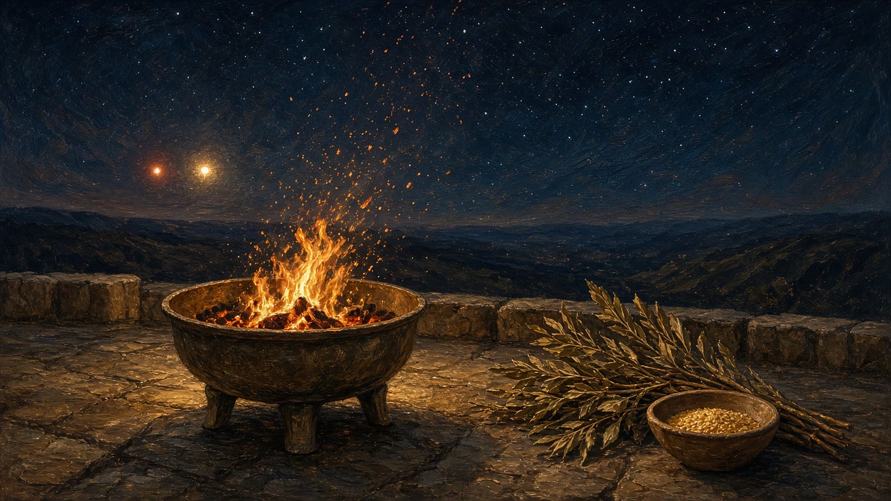 Fogo aceso num braseiro de bronze sobre um terraço de pedra à noite, com um feixe de louro e uma tigela de grãos ao lado, e dois pontos de luz bem juntos no céu, um avermelhado e outro dourado.