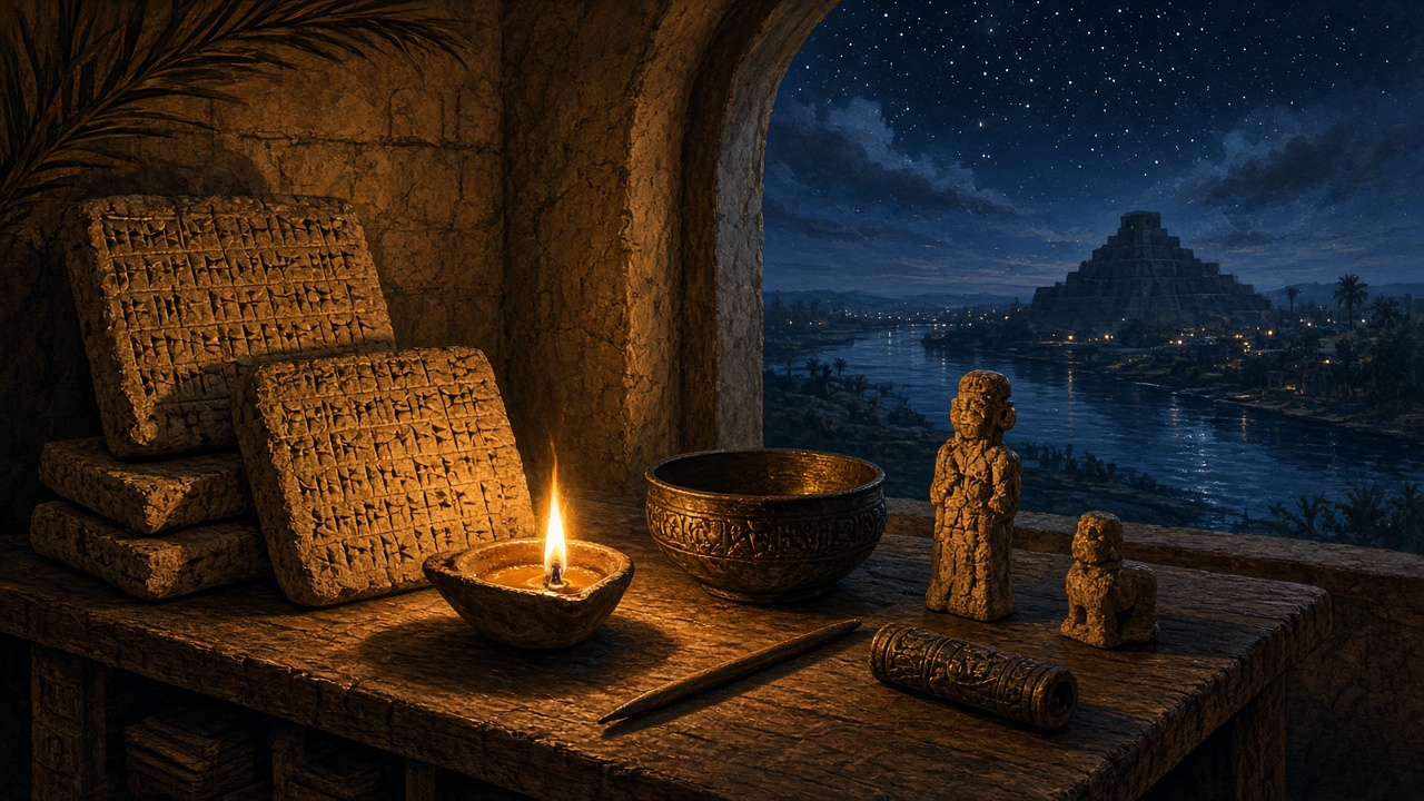 Table with cuneiform clay tablets, a lit oil lamp and figurines, with a ziggurat and a river at night seen through an arched window.
