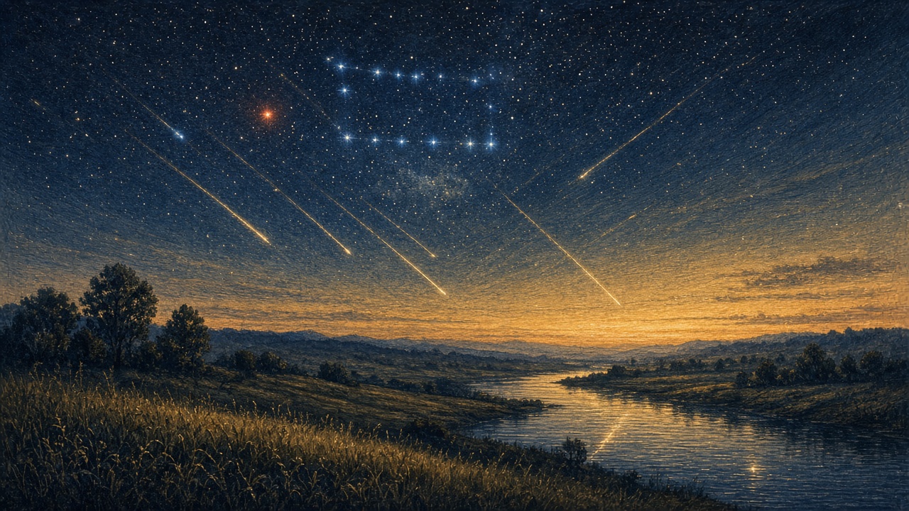 Predawn sky with several golden meteors over a river and hills, and an orange glow on the horizon before sunrise.