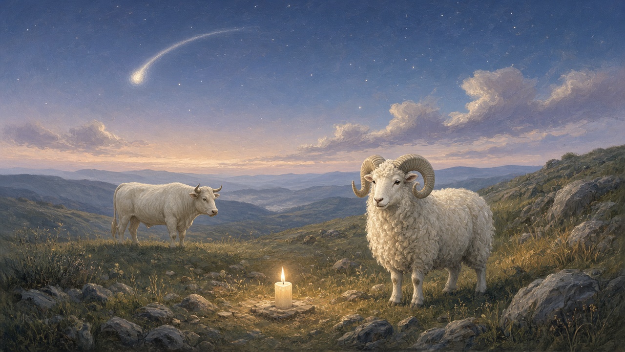 A pale comet in the sky, a bull farther back and a ram closer, with a lit pale candle between them on the hill.