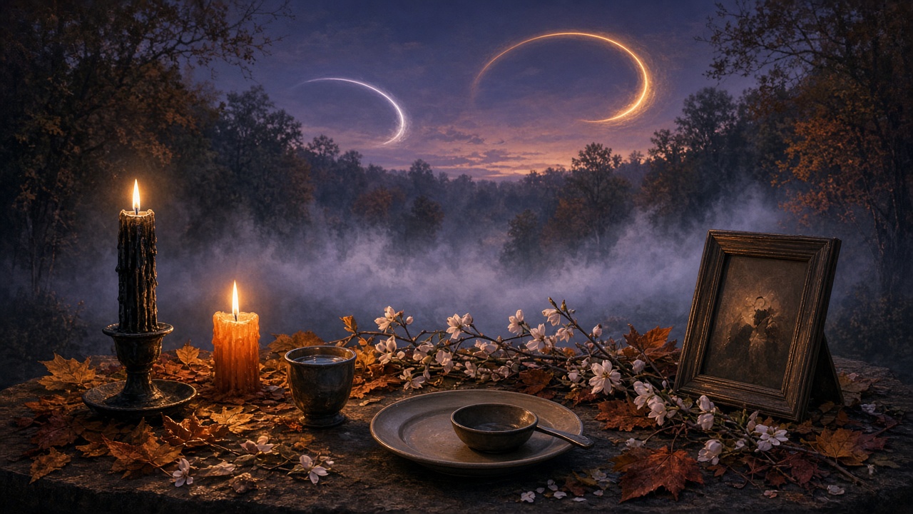 Altar ancestral com vela preta e laranja acesas, folhas e flores, sob dois arcos luminosos no céu ao crepúsculo.