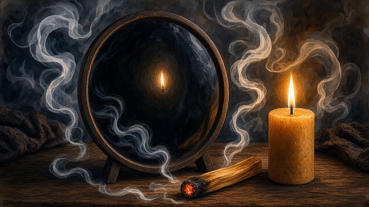 Espejo negro redondo junto a una vela encendida, con un palo de palo santo en la mesa y humo claro en el ambiente.
