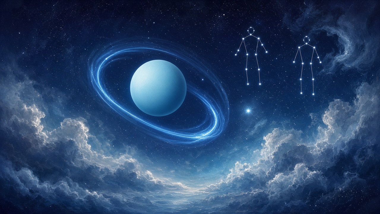 Uranus in a cyan tone in the open sky, with a luminous loop of retrograde motion, the constellation Gemini as two starry figures and a point of light between the clouds.
