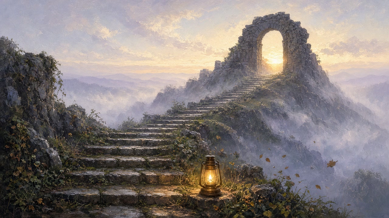 Escadaria de pedra antiga subindo a encosta entre a névoa da manhã até um arco aberto iluminado pelo nascer do sol, com uma lanterna acesa num dos degraus.