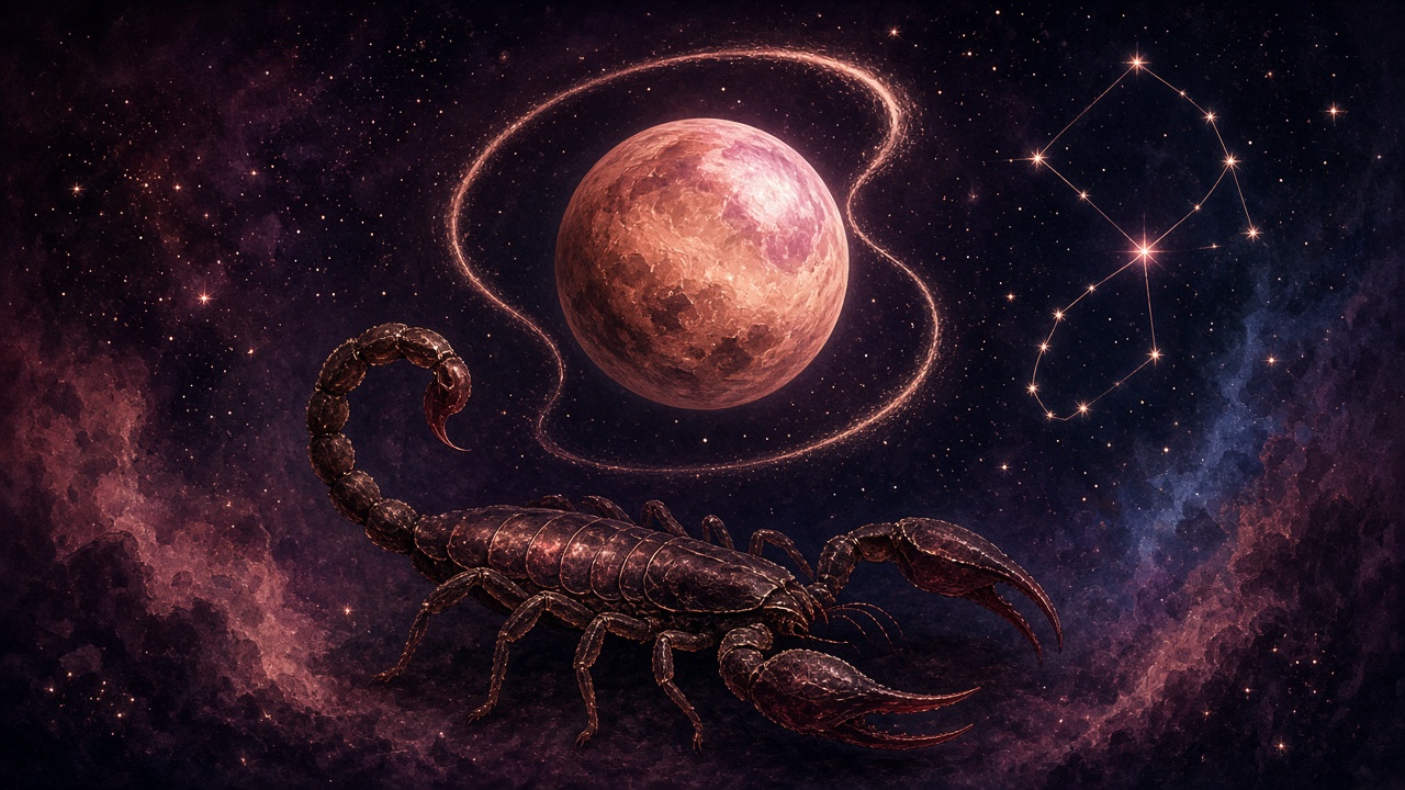 Vênus em tom cobre e rosa no céu noturno, com um laço luminoso do movimento retrógrado ao redor do planeta, um escorpião em primeiro plano e a constelação de Escorpião à direita.